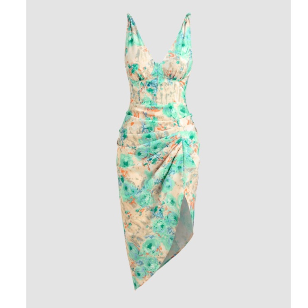 Illusion floral ruched dress